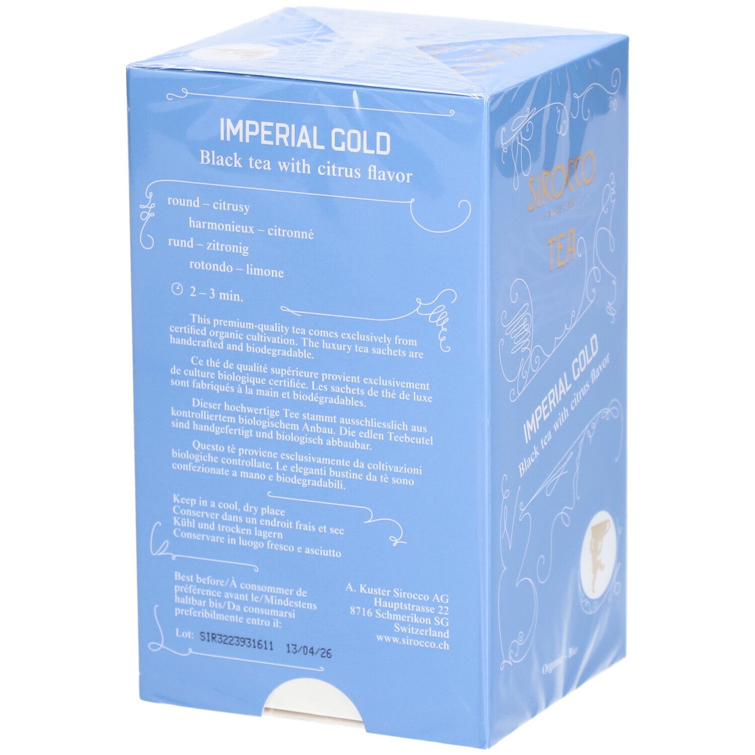 Retro della confezione azzurra. Scritta: IMPERIAL GOLD Black tea with citrus flavor. Istruzioni per la preparazione. Data di scadenza.