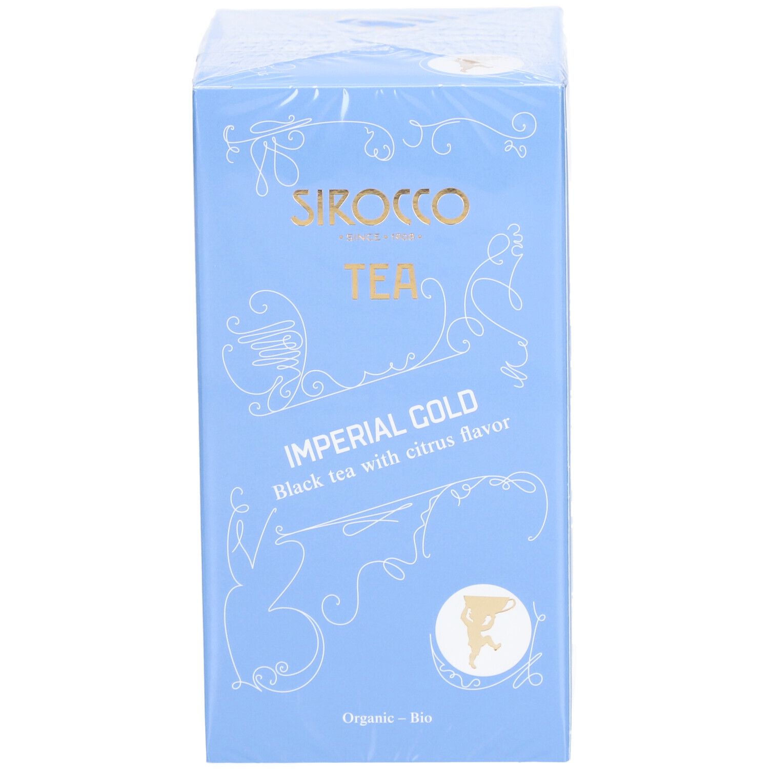 Confezione azzurra con scritta dorata. Scritta: SIROCCO TEA IMPERIAL COLD Black tea with citrus flavor. Sigillo biologico.