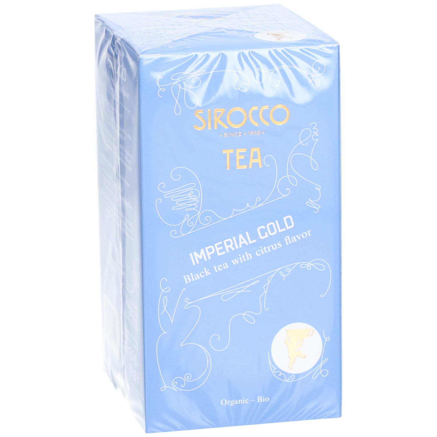 Confezione azzurra con scritta dorata. Scritta: SIROCCO TEA IMPERIAL COLD Black tea with citrus flavor. Sigillo biologico.