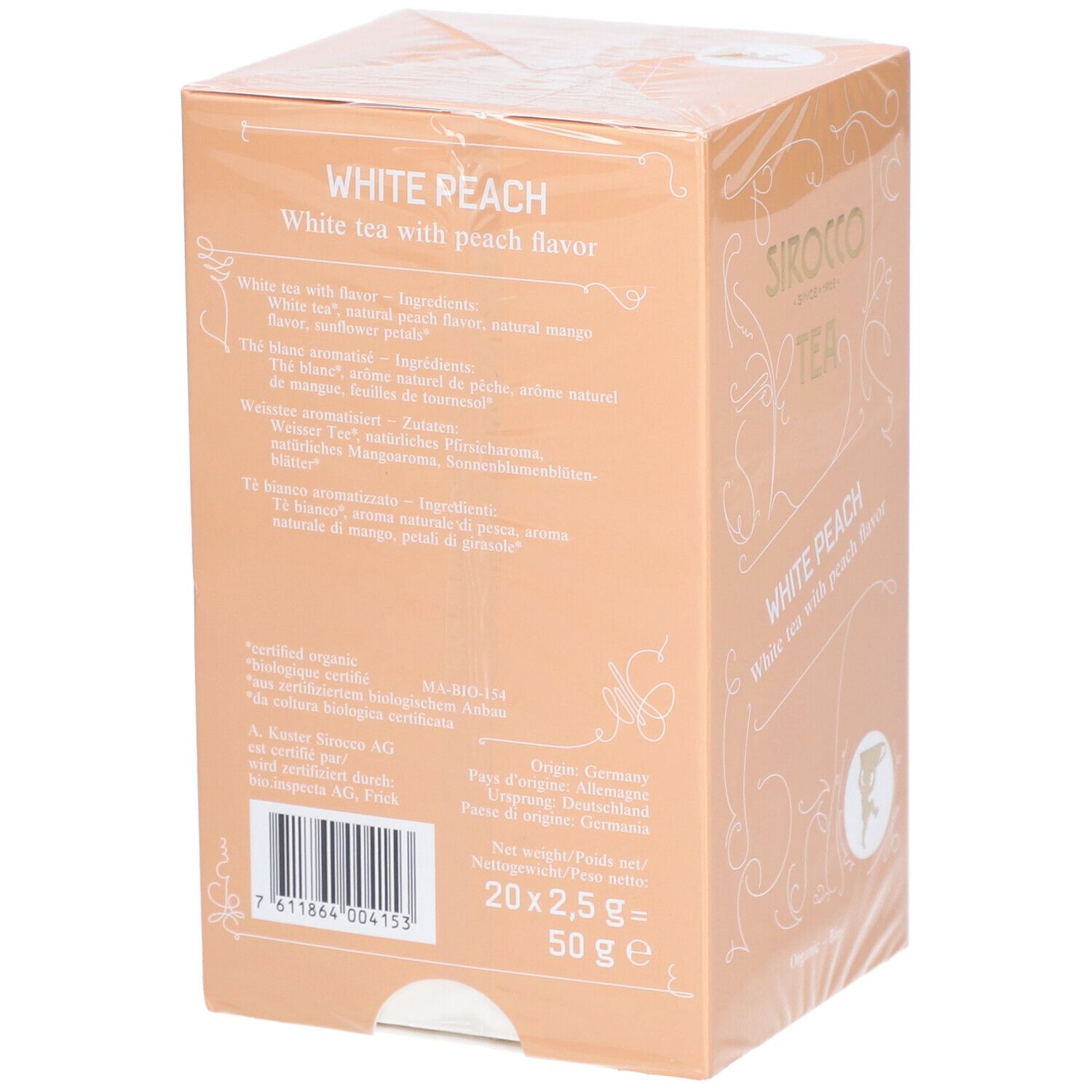 Retro della scatola di tè. Elenco ingredienti, informazioni nutrizionali e informazioni sul produttore. Scritta: White Peach, tè bianco al gusto di pesca.