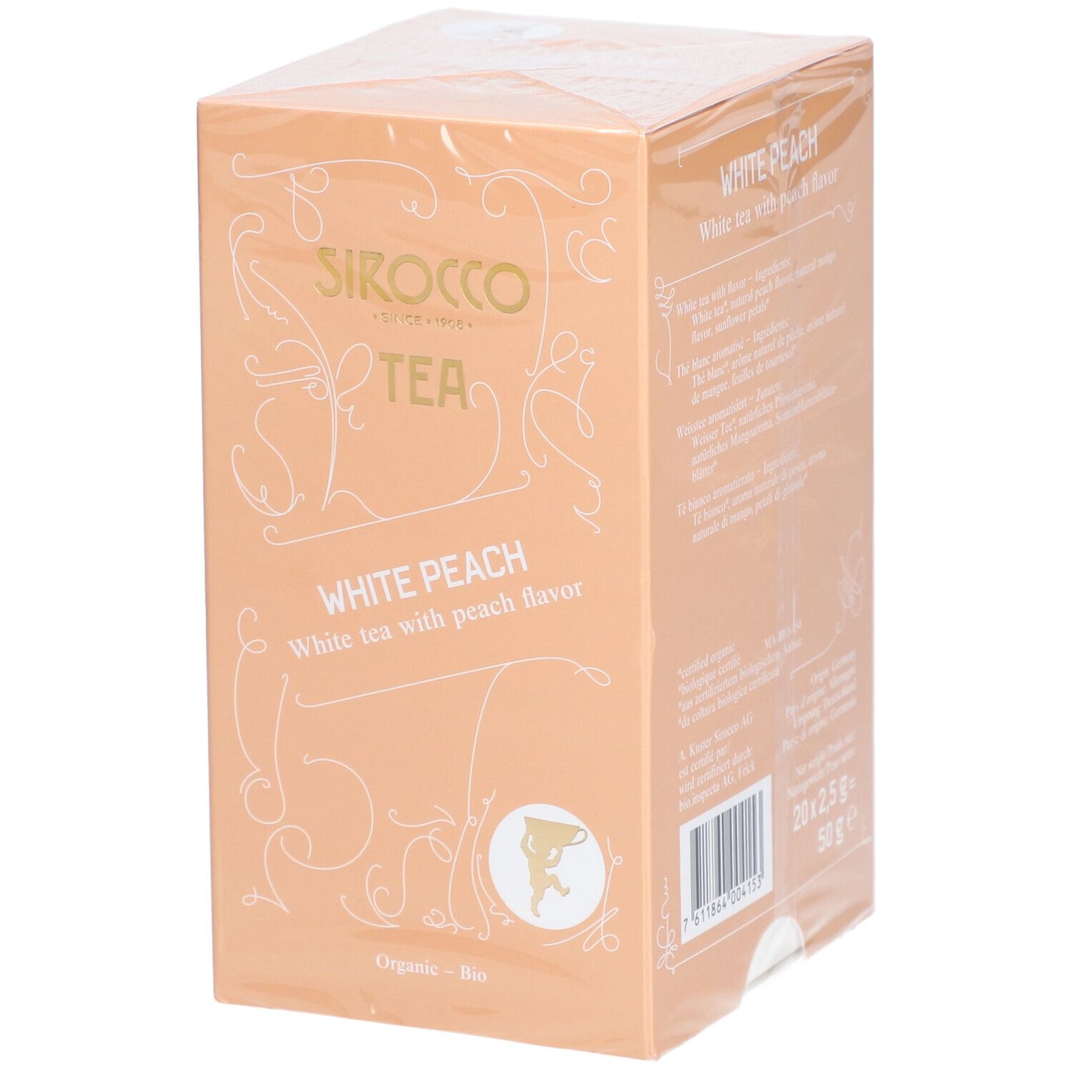 Scatola di tè avvolta in pellicola. Scritta: Sirocco Tea, White Peach, tè bianco al gusto di pesca. Logo e testo dorati.