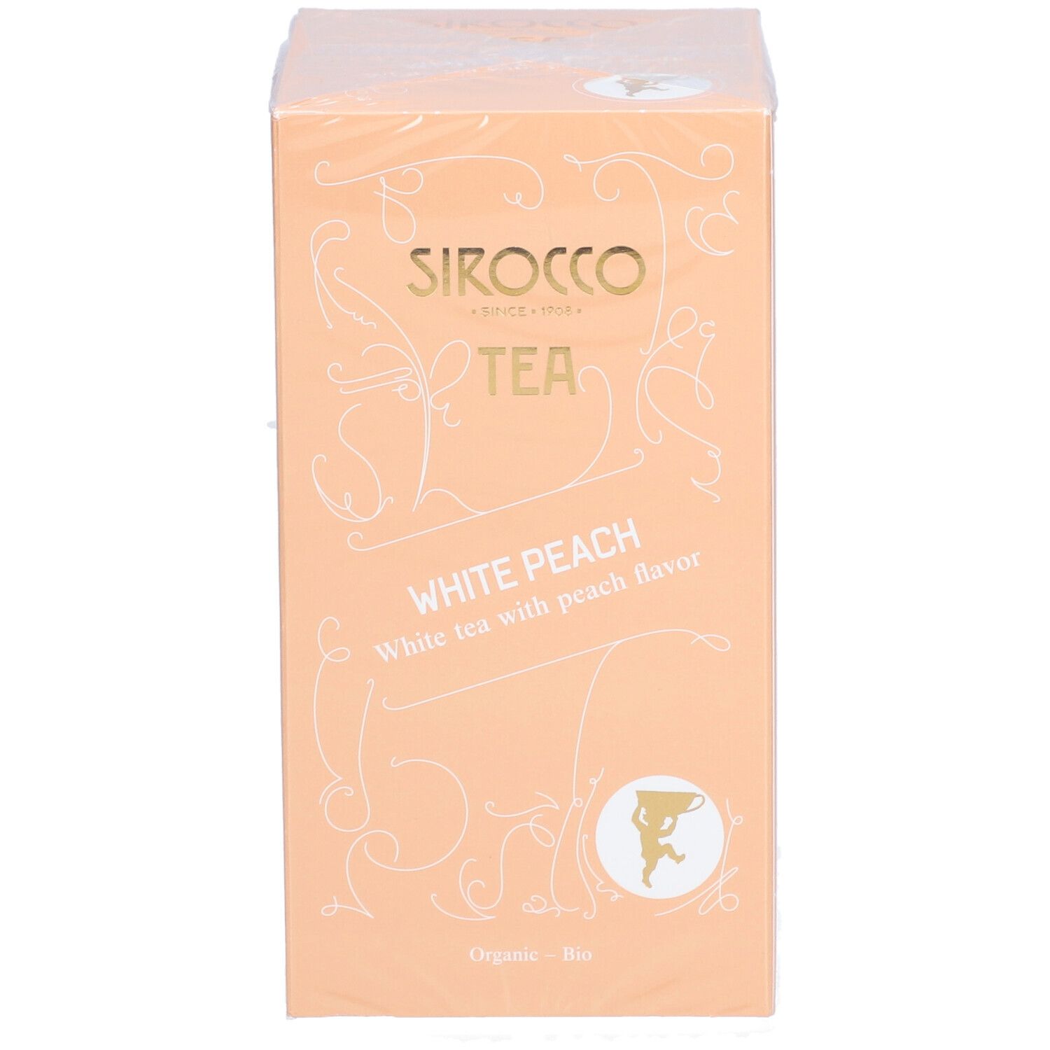 Fronte della scatola di tè. Scritta: Sirocco Tea, White Peach, tè bianco al gusto di pesca. Logo e testo dorati.