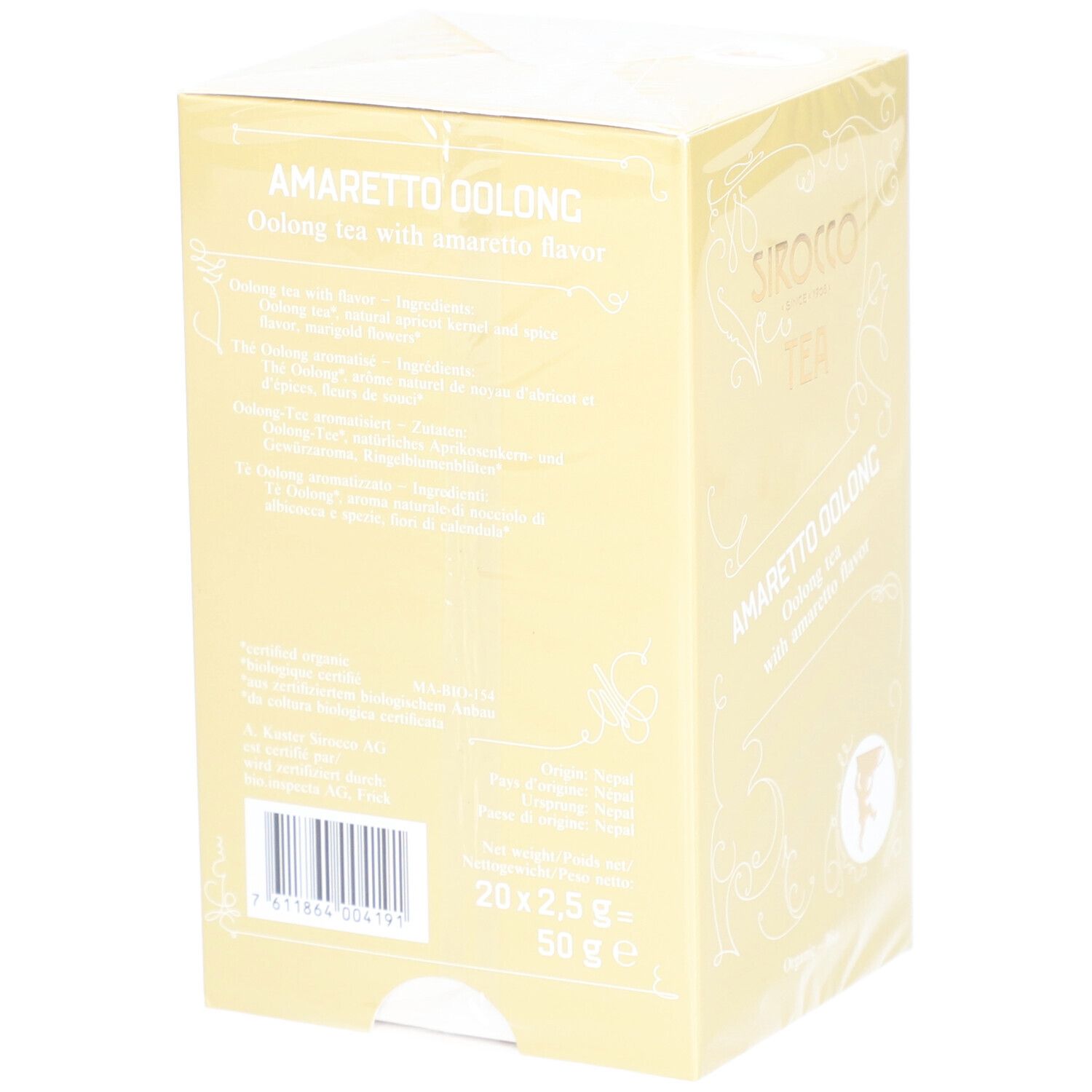 Retro della scatola gialla "Sirocco Tea Amaretto Oolong". Informazioni testuali e codice a barre.