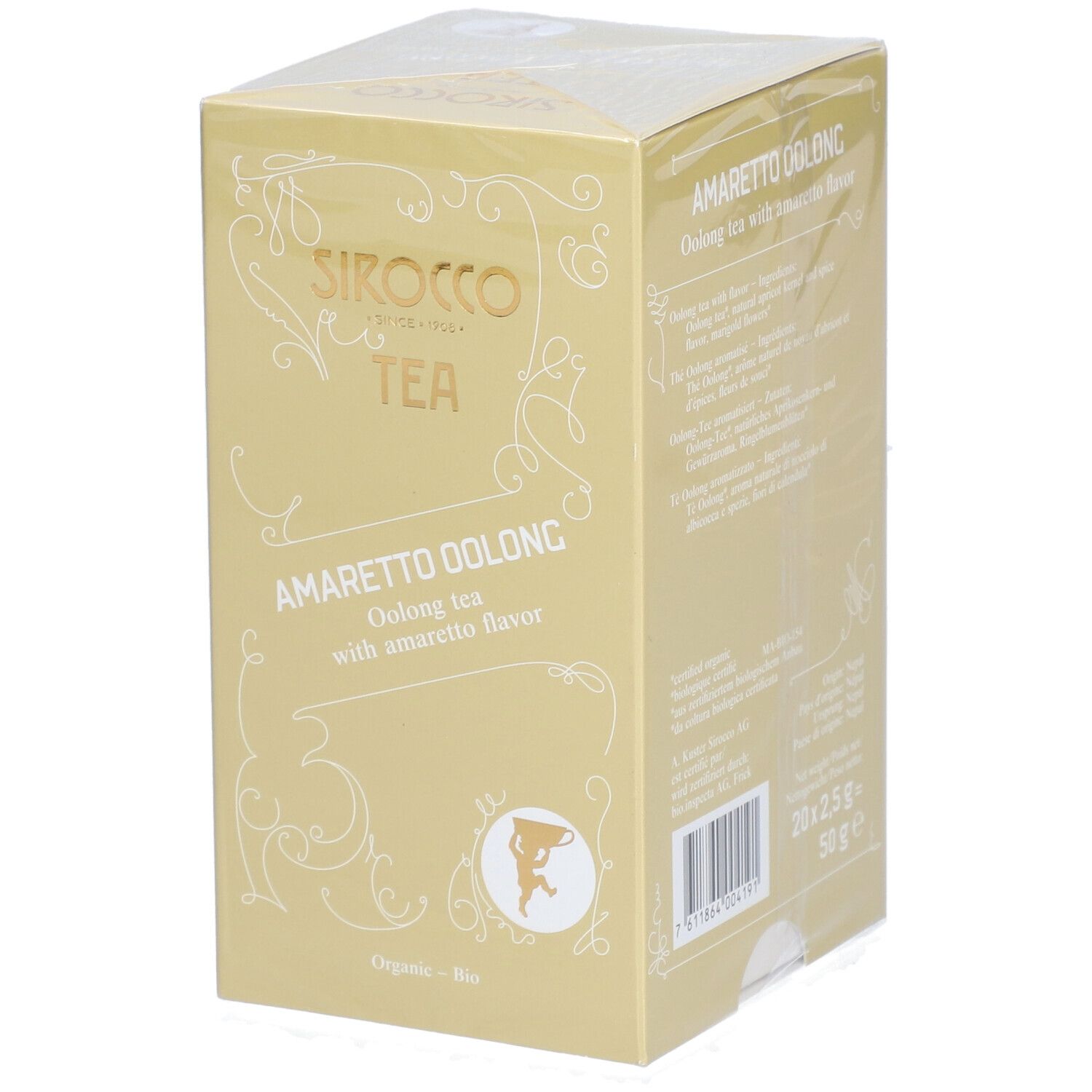 Scatola gialla "Sirocco Tea Amaretto Oolong". Confezione in plastica trasparente.