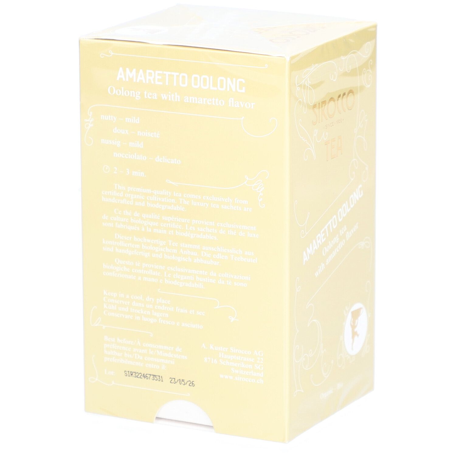 Retro della scatola gialla "Amaretto Oolong". Informazioni testuali e codice a barre.