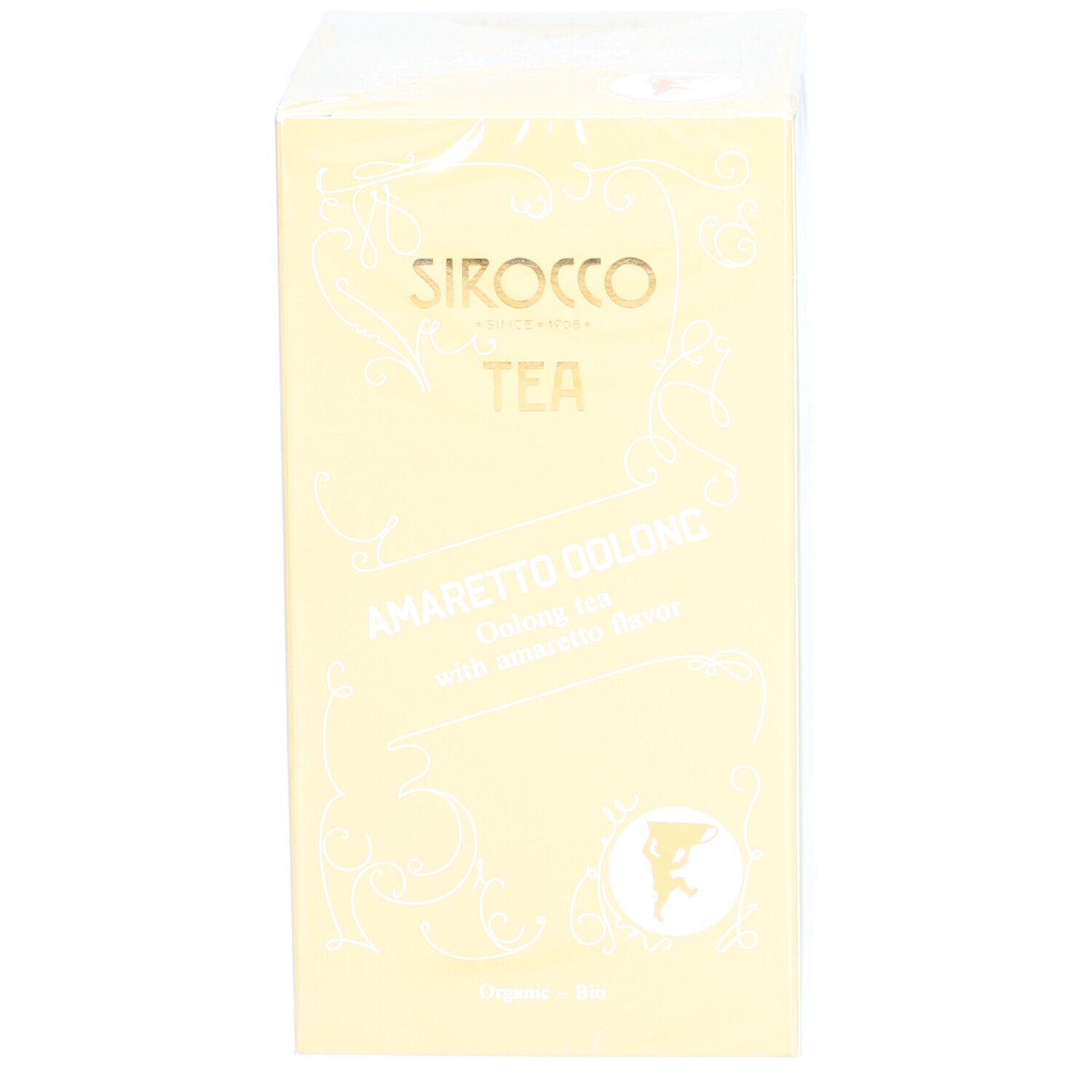 Scatola gialla "Sirocco Tea Amaretto Oolong". Confezione in plastica trasparente.