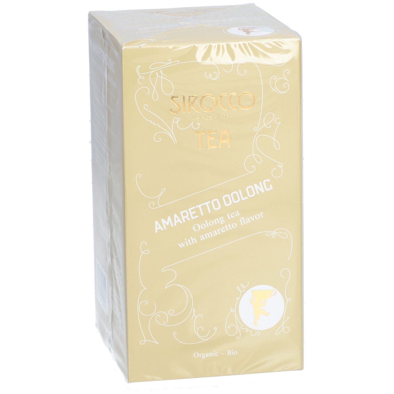 Scatola gialla "Sirocco Tea Amaretto Oolong". Confezione in plastica trasparente.