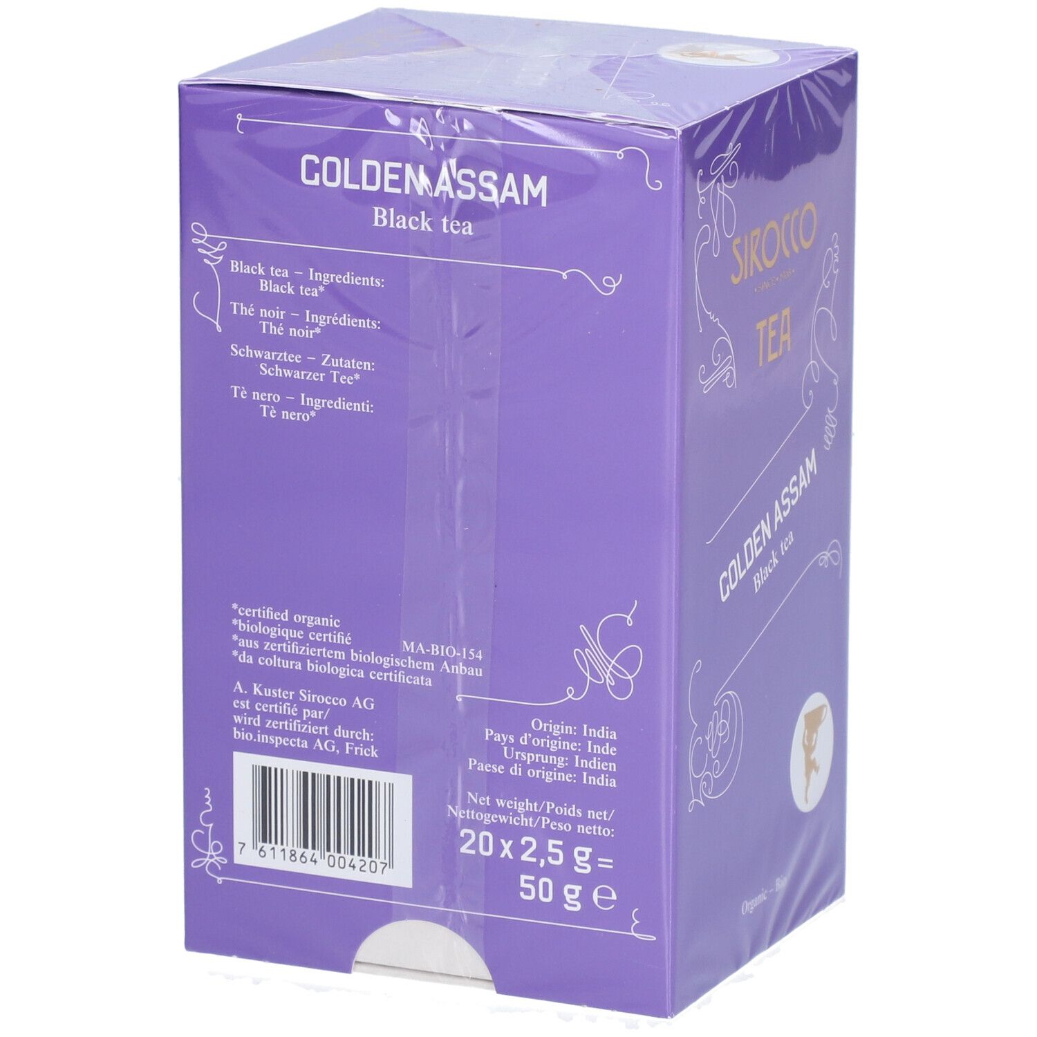 Retro della confezione di tè Sirocco Golden Assam. Elenco ingredienti, origine India, codice a barre e certificazione.