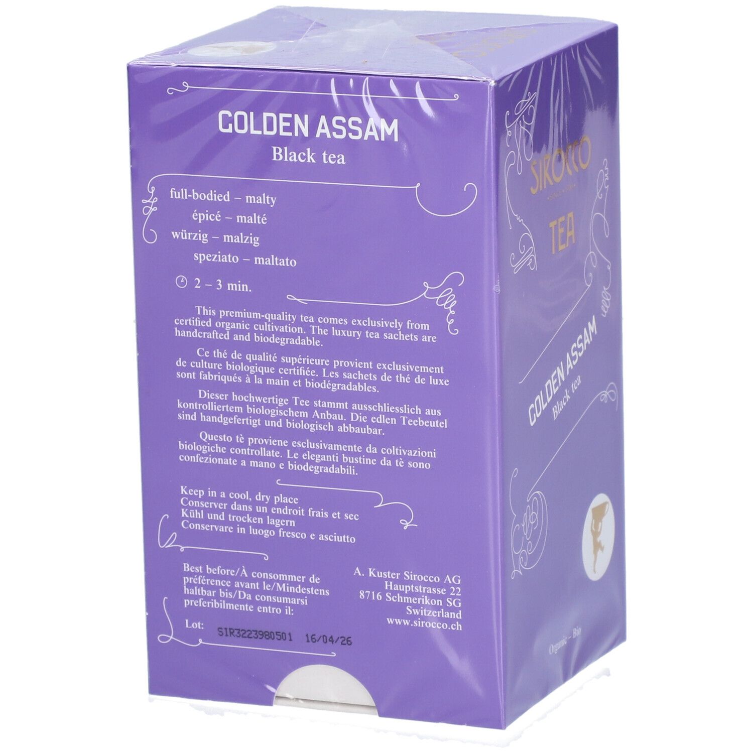 Confezione di tè Sirocco Golden Assam. Testo sulla qualità del tè, ingredienti e durata. Logo e indirizzo.