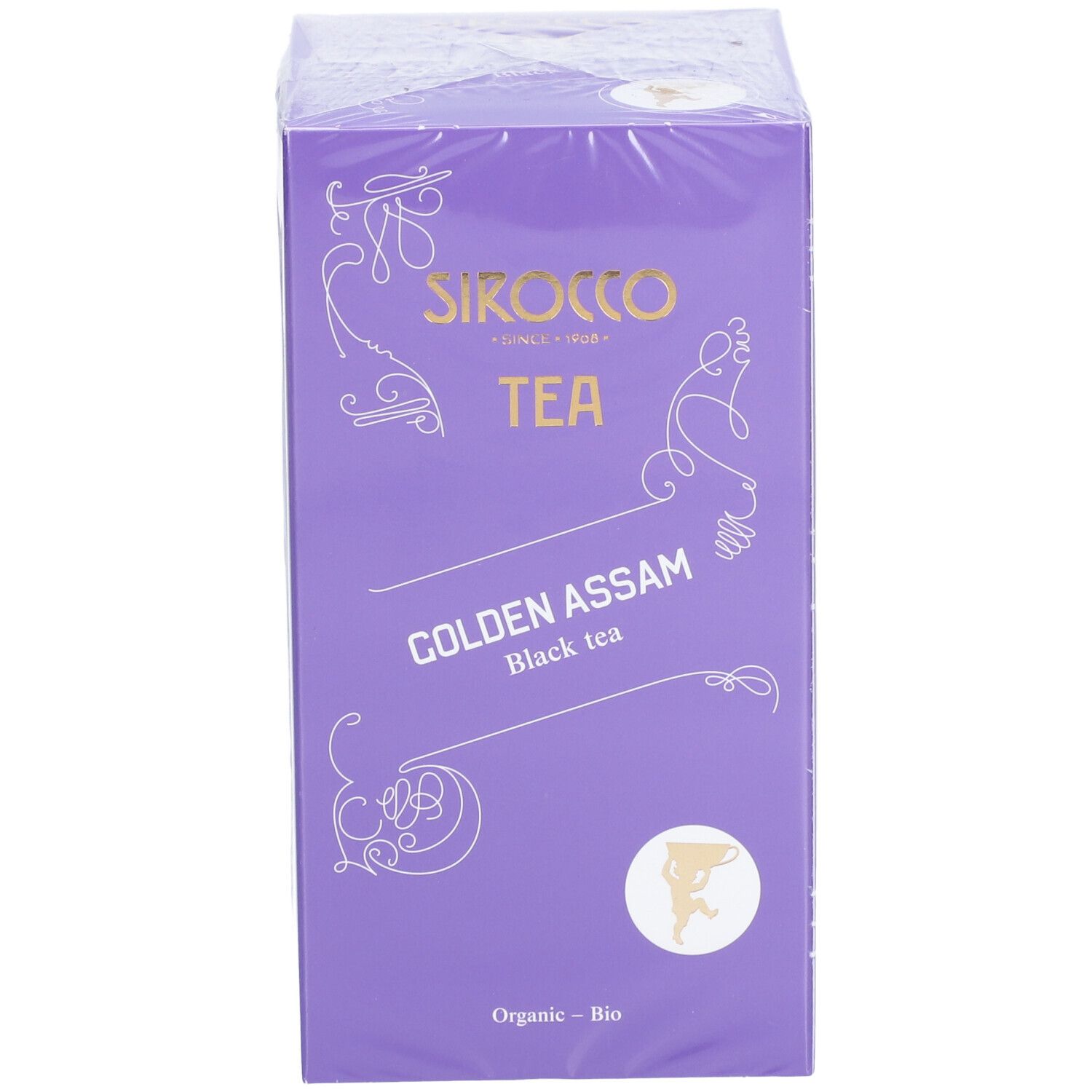 Confezione di tè Sirocco Golden Assam. Scatola viola con nome e logo del prodotto. Stampa "Organic - Bio".