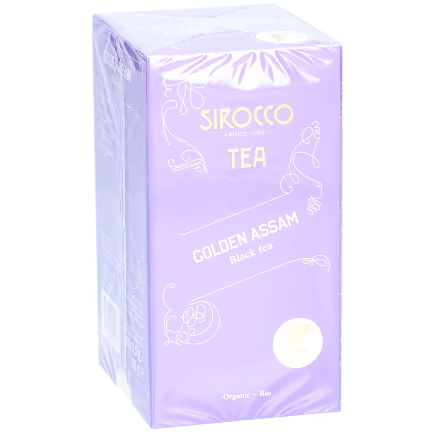 Confezione di tè Sirocco Golden Assam. Scatola viola con nome e logo del prodotto. Stampa "Organic - Bio".