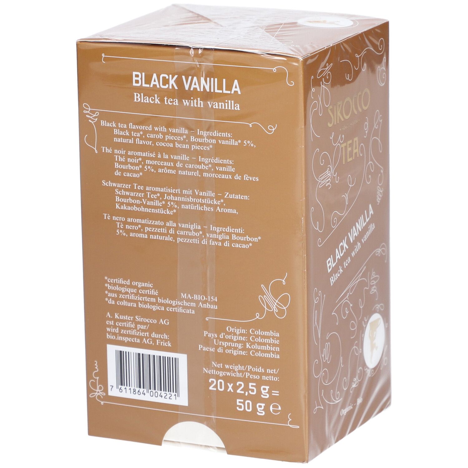 Retro della confezione di tè Sirocco Black Vanilla. Ingredienti, origine e peso indicati.