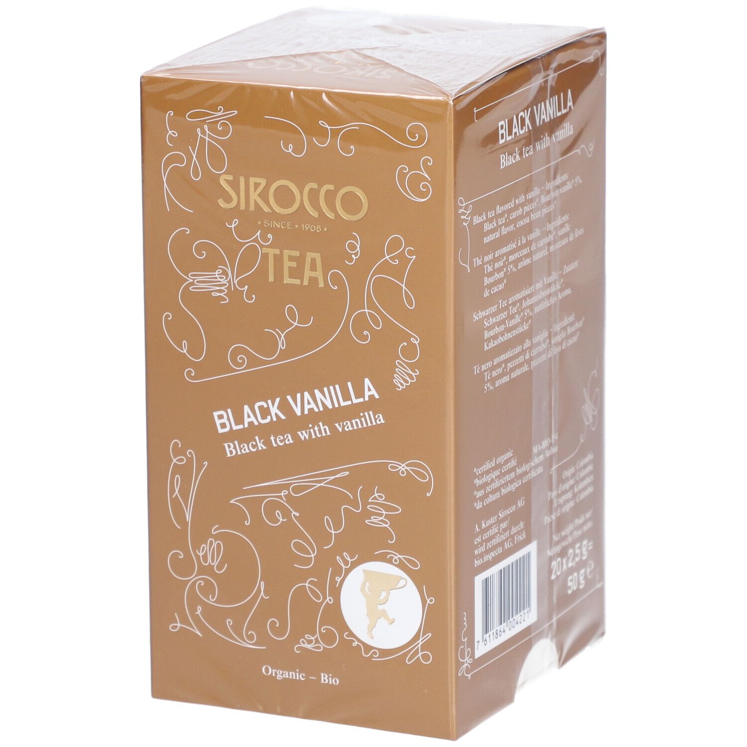 Confezione di tè Sirocco Black Vanilla. Marrone, con logo e nome del prodotto. Certificazione bio.