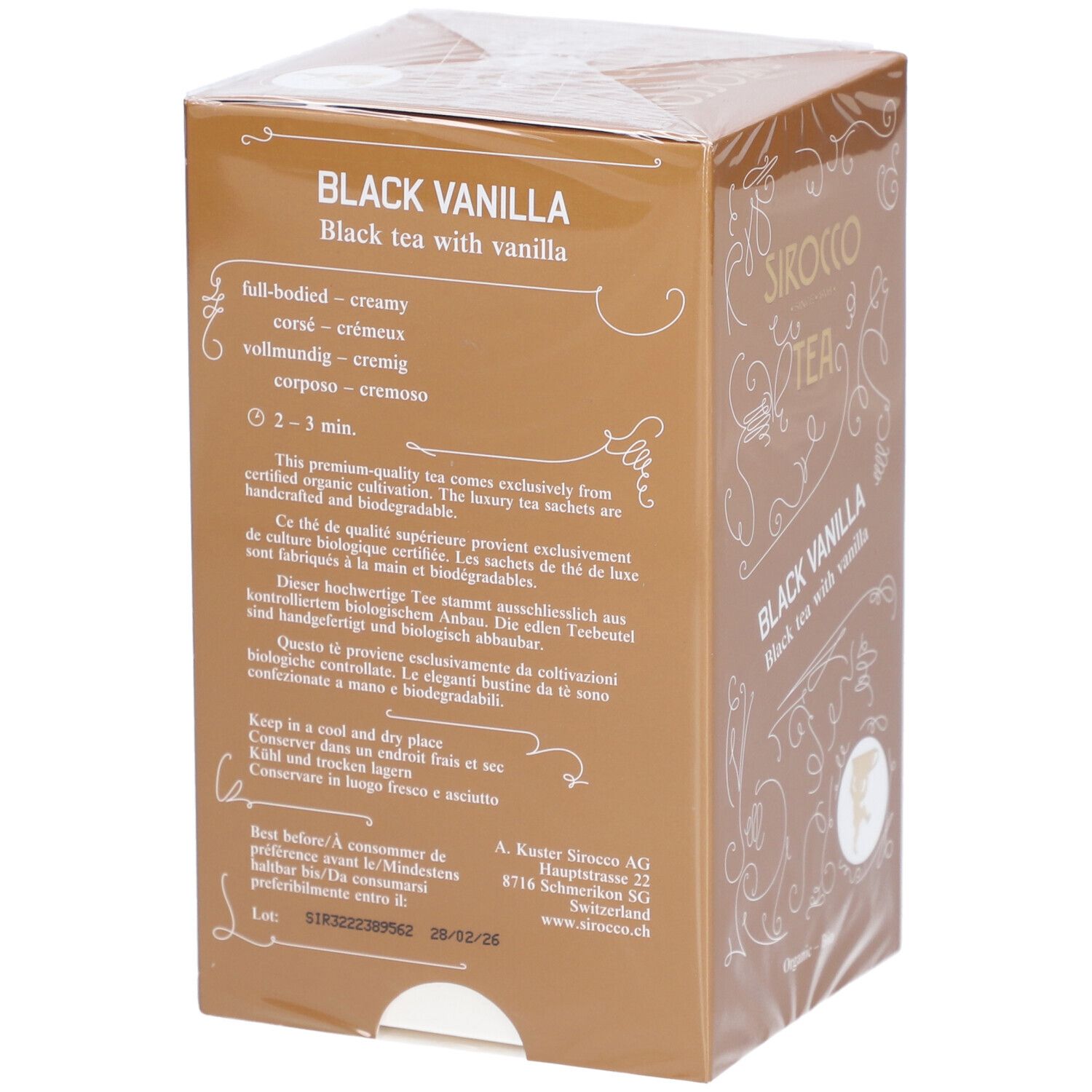 Confezione di tè Sirocco Black Vanilla. Informazioni sul gusto e la preparazione.
