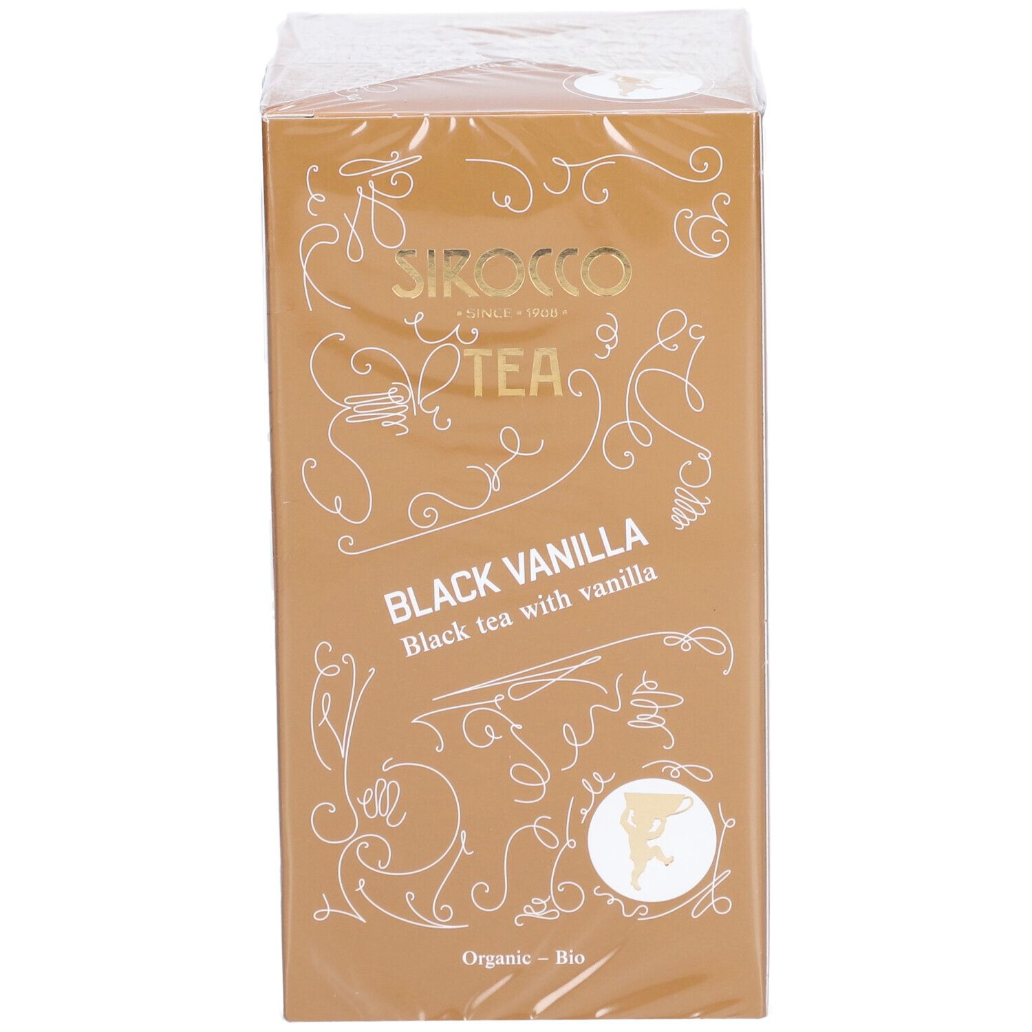 Confezione rettangolare Sirocco Black Vanilla. Marrone, con logo e nome del prodotto.