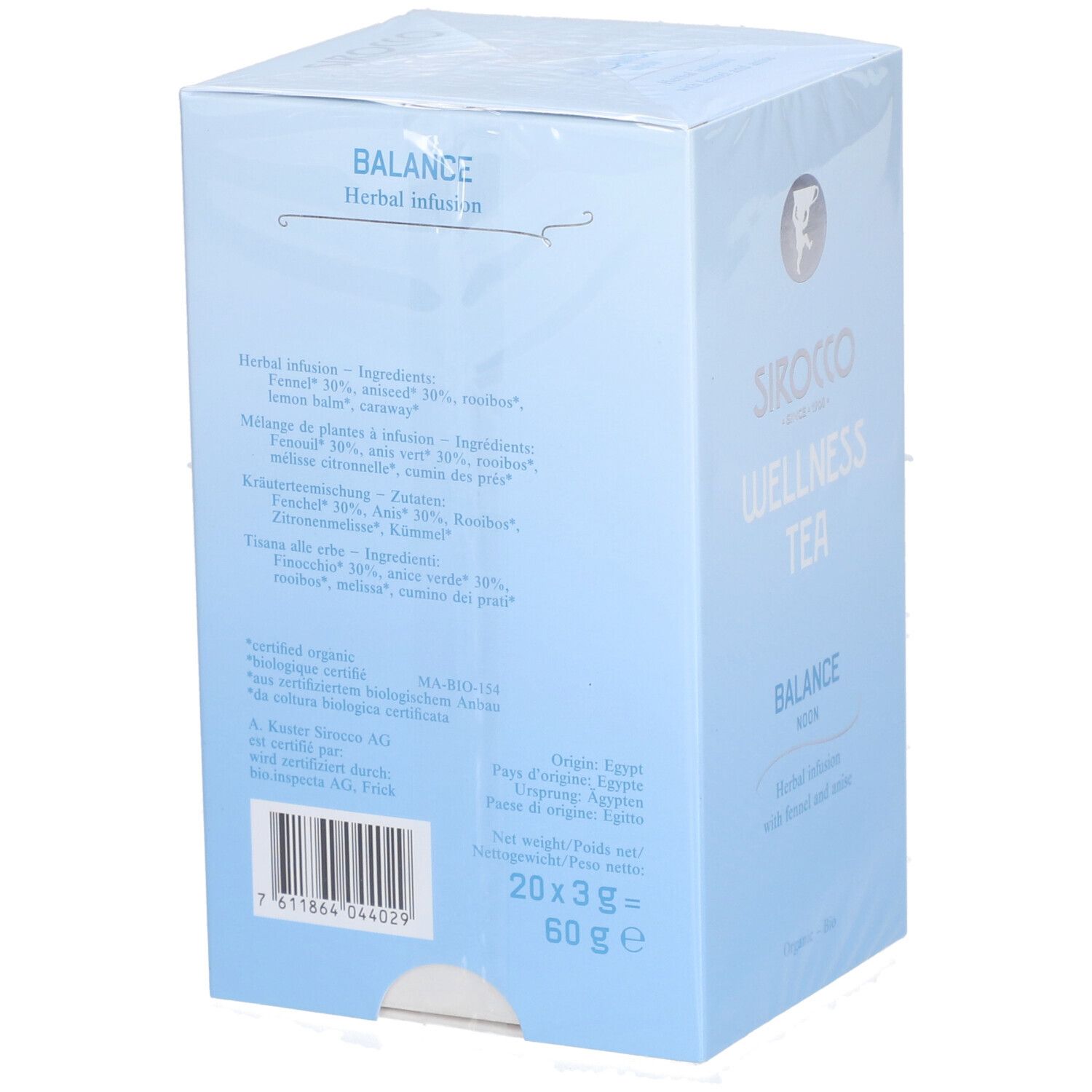 Retro della scatola azzurra Sirocco Wellness Tea Balance. Elenco ingredienti, origine Egitto, codice a barre e peso.