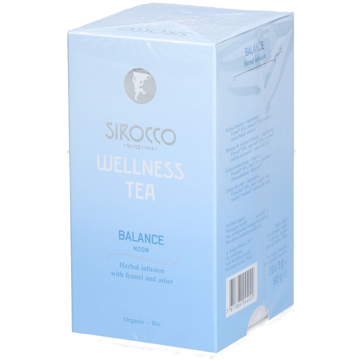 Scatola azzurra Sirocco Wellness Tea Balance. Scritto: Herbal infusion with fennel and anise. Codice a barre e peso.