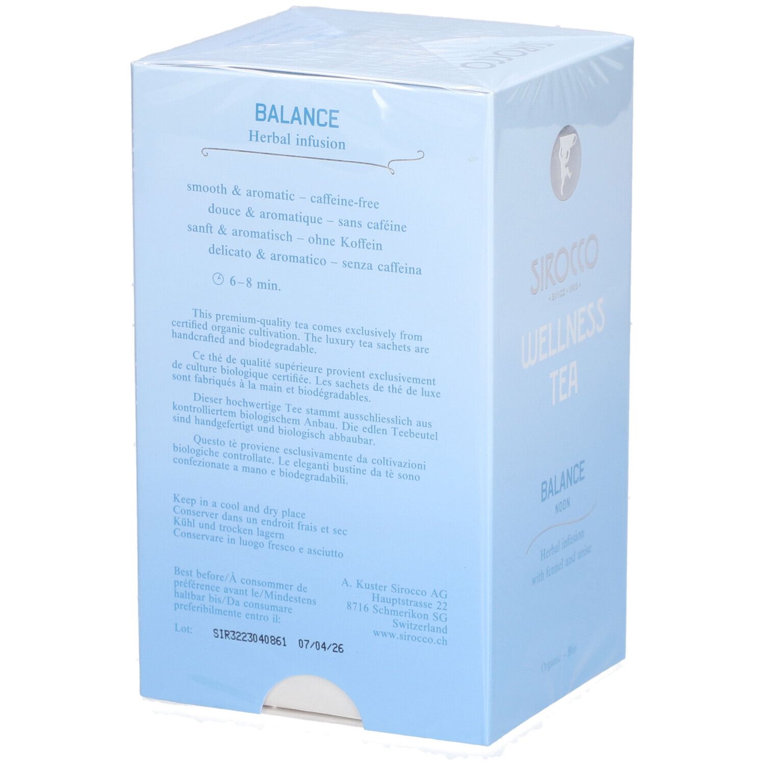 Retro della scatola azzurra Sirocco Wellness Tea Balance. Testo sulla qualità del tè, durata e conservazione.
