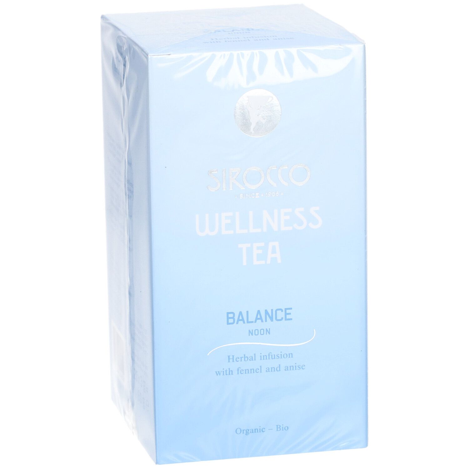 Scatola azzurra Sirocco Wellness Tea Balance. Scritto: Herbal infusion with fennel and anise. Certificazione bio.