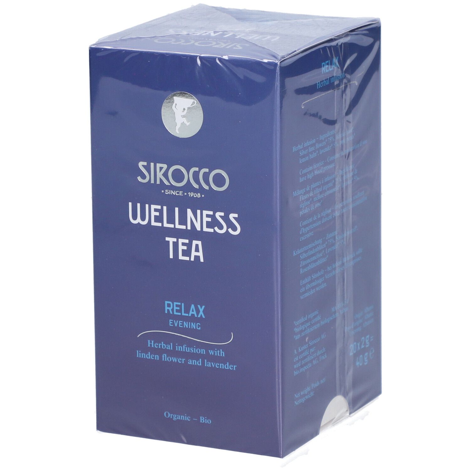 Scatola blu "Sirocco Wellness Tea". "Relax Evening" e infuso alle erbe con fiori di tiglio e lavanda. Confezionata.