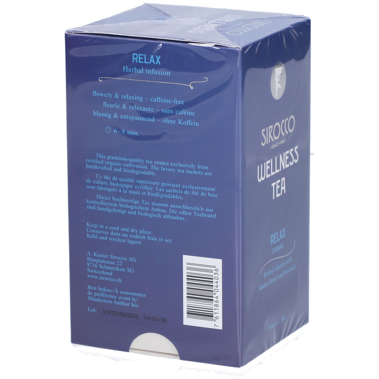 Retro della scatola blu. Testo su proprietà, preparazione e conservazione. "Sirocco Wellness Tea" e "Relax Evening".