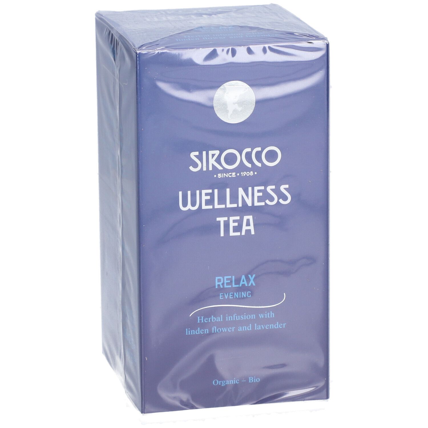 Scatola blu "Sirocco Wellness Tea". "Relax Evening" e infuso alle erbe con fiori di tiglio e lavanda.