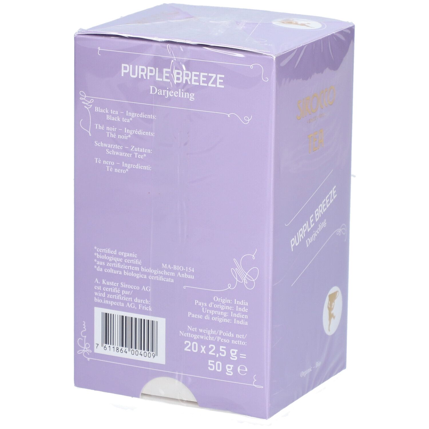 Retro della confezione di tè Sirocco. Contiene informazioni su ingredienti, origine, peso e codice a barre. Sfondo viola.