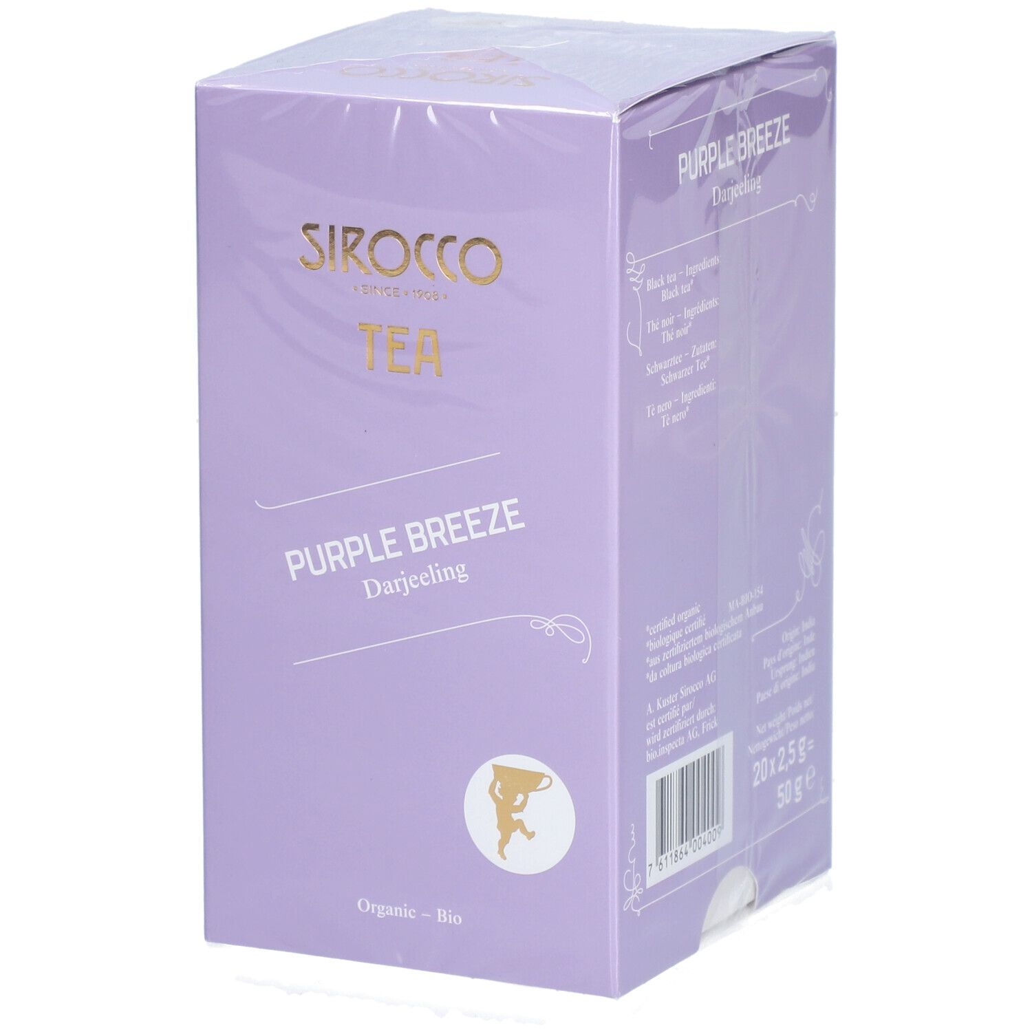 Confezione di tè Sirocco Bio Purple Breeze Darjeeling. Scatola viola con nome e logo del prodotto. "Organic - Bio".