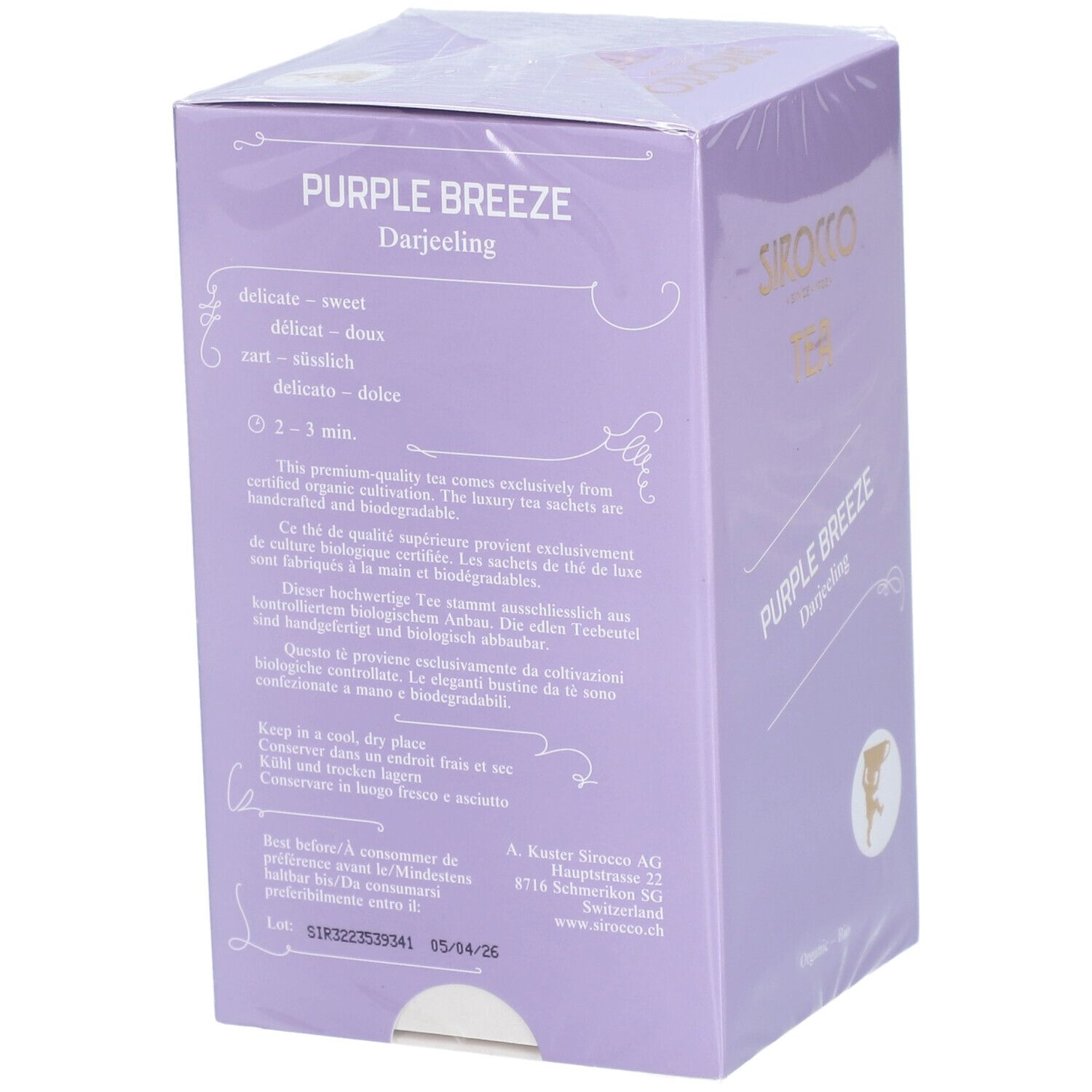 Lato della confezione di tè Sirocco. Contiene informazioni sulla preparazione, durata e certificazioni. Sfondo viola.