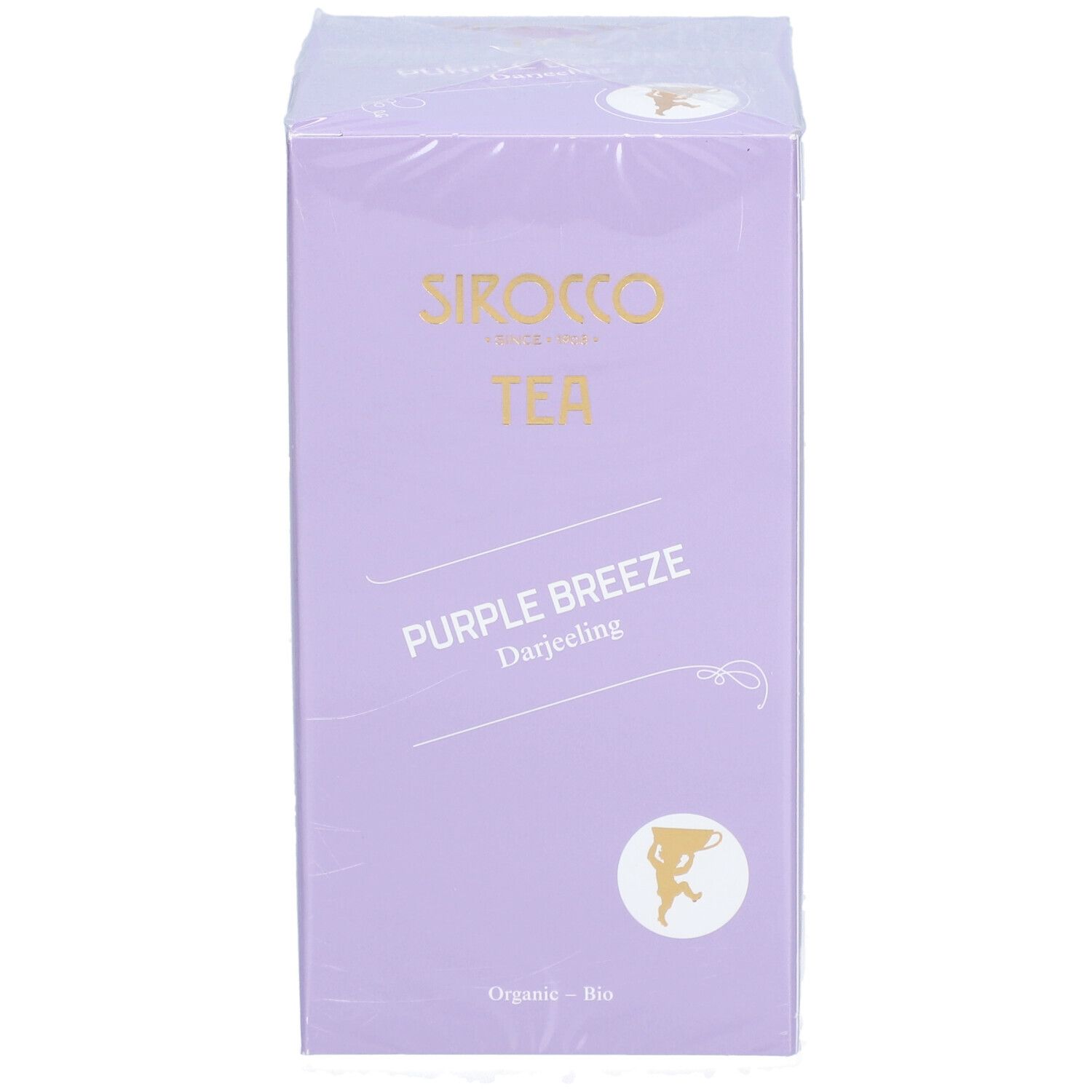 Confezione di tè Sirocco Bio Purple Breeze Darjeeling. Scatola viola con nome e logo del prodotto. "Organic - Bio".