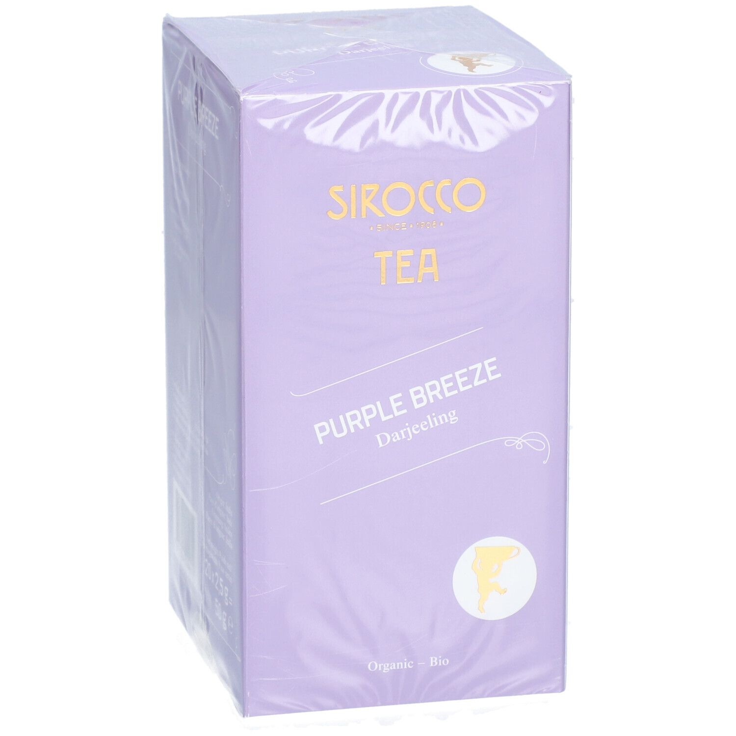 Confezione di tè Sirocco Bio Purple Breeze Darjeeling. Scatola viola con nome e logo del prodotto. "Organic - Bio".