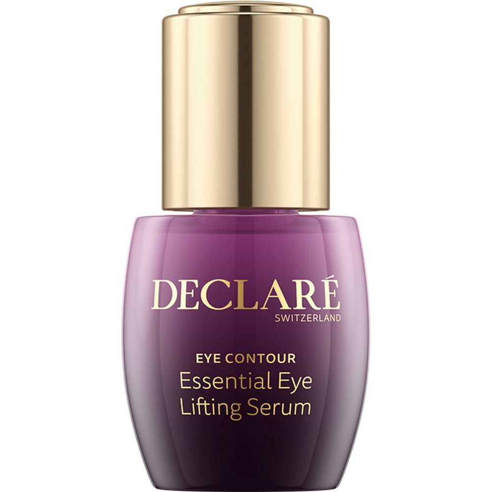 Flacone viola con tappo dorato. Scritta: DECLARÉ SWITZERLAND, EYE CONTOUR, Essential Eye Lifting Serum.