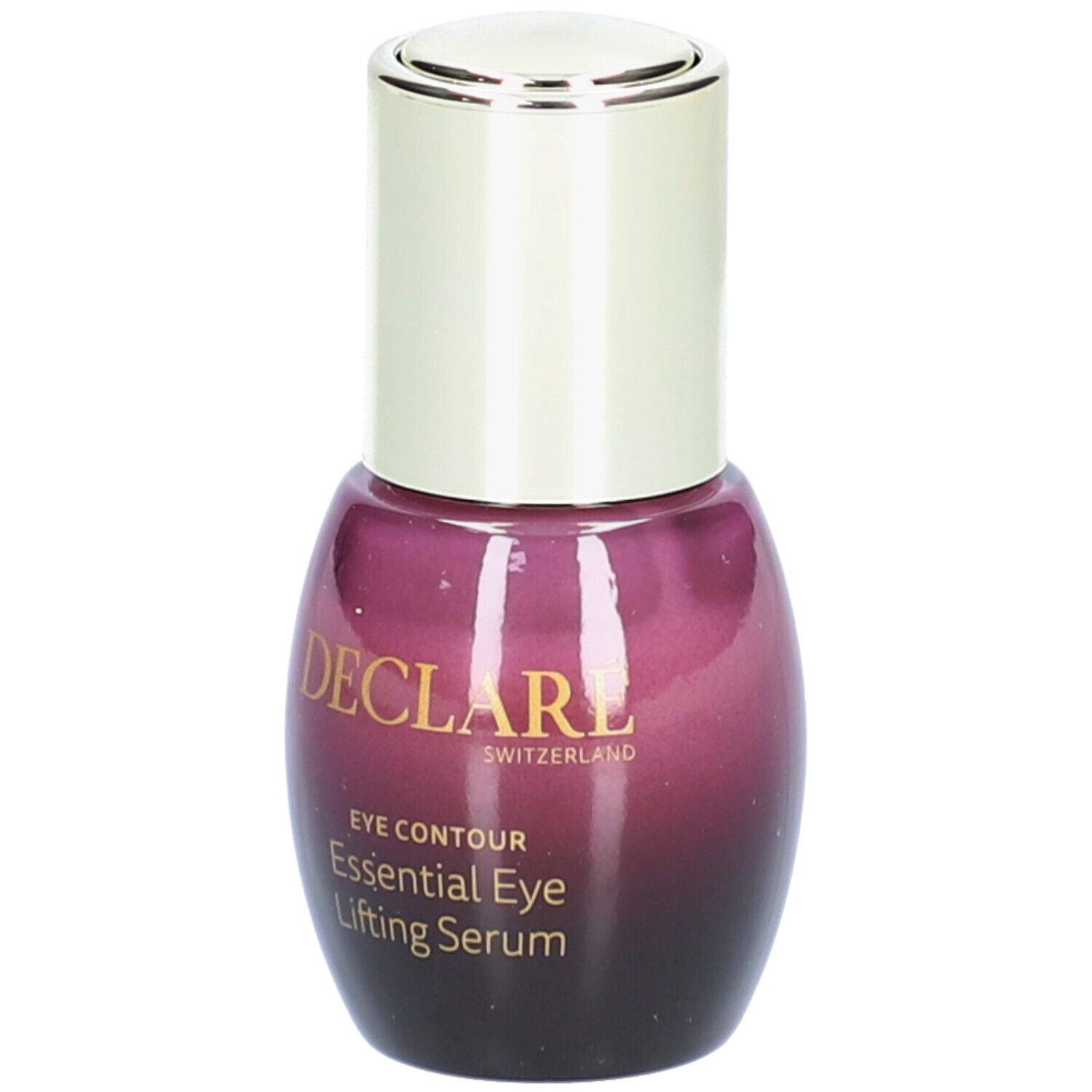 Flacone viola con tappo argentato. Scritta: DECLARÉ, EYE CONTOUR, Essential Eye Lifting Serum.