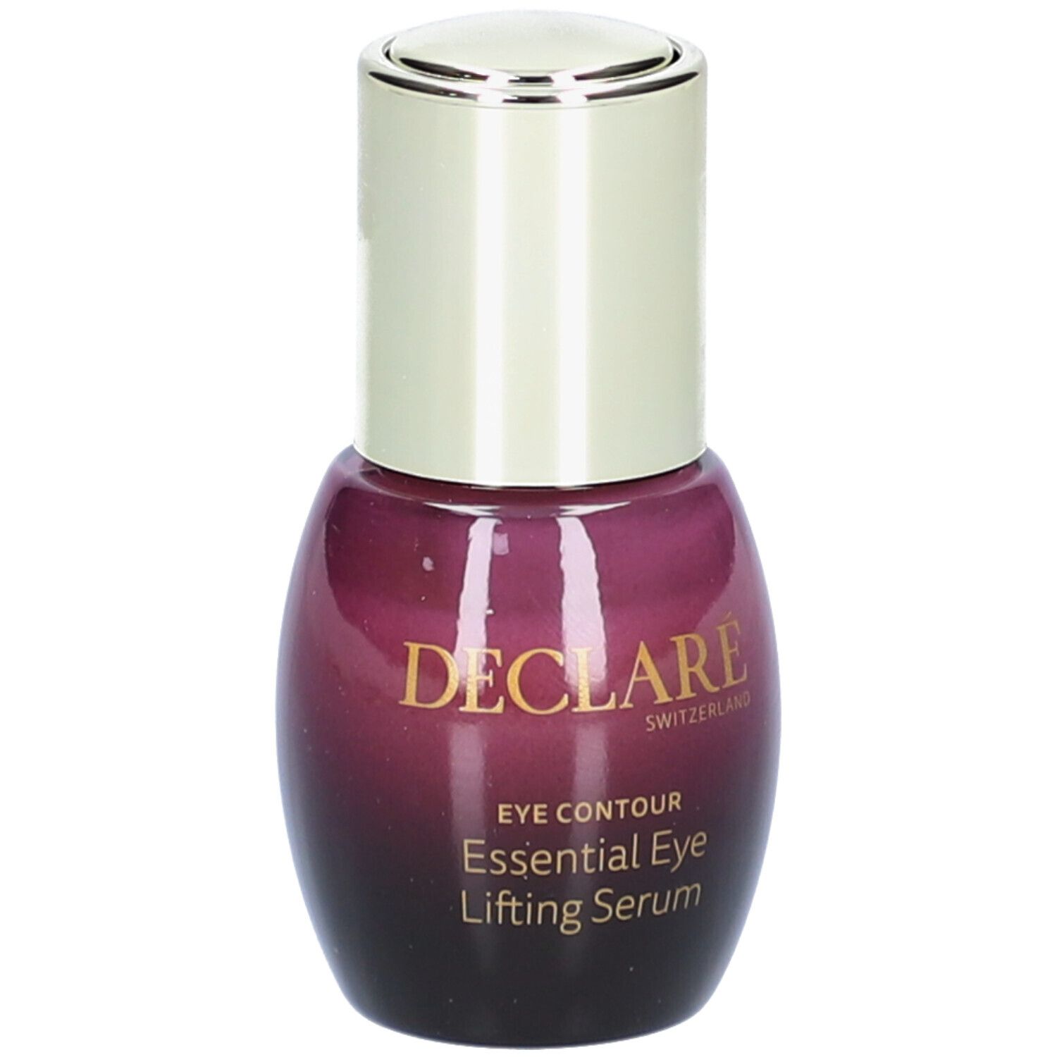 Flacone viola con tappo argentato. Scritta: DECLARÉ, EYE CONTOUR, Essential Eye Lifting Serum.