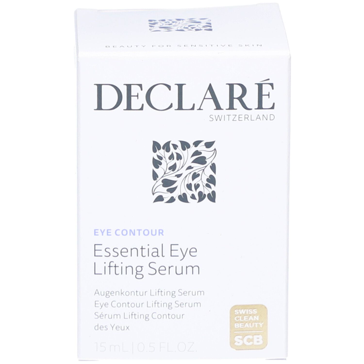 Confezione. Scritta: DECLARÉ, EYE CONTOUR, Essential Eye Lifting Serum. Con certificazione.