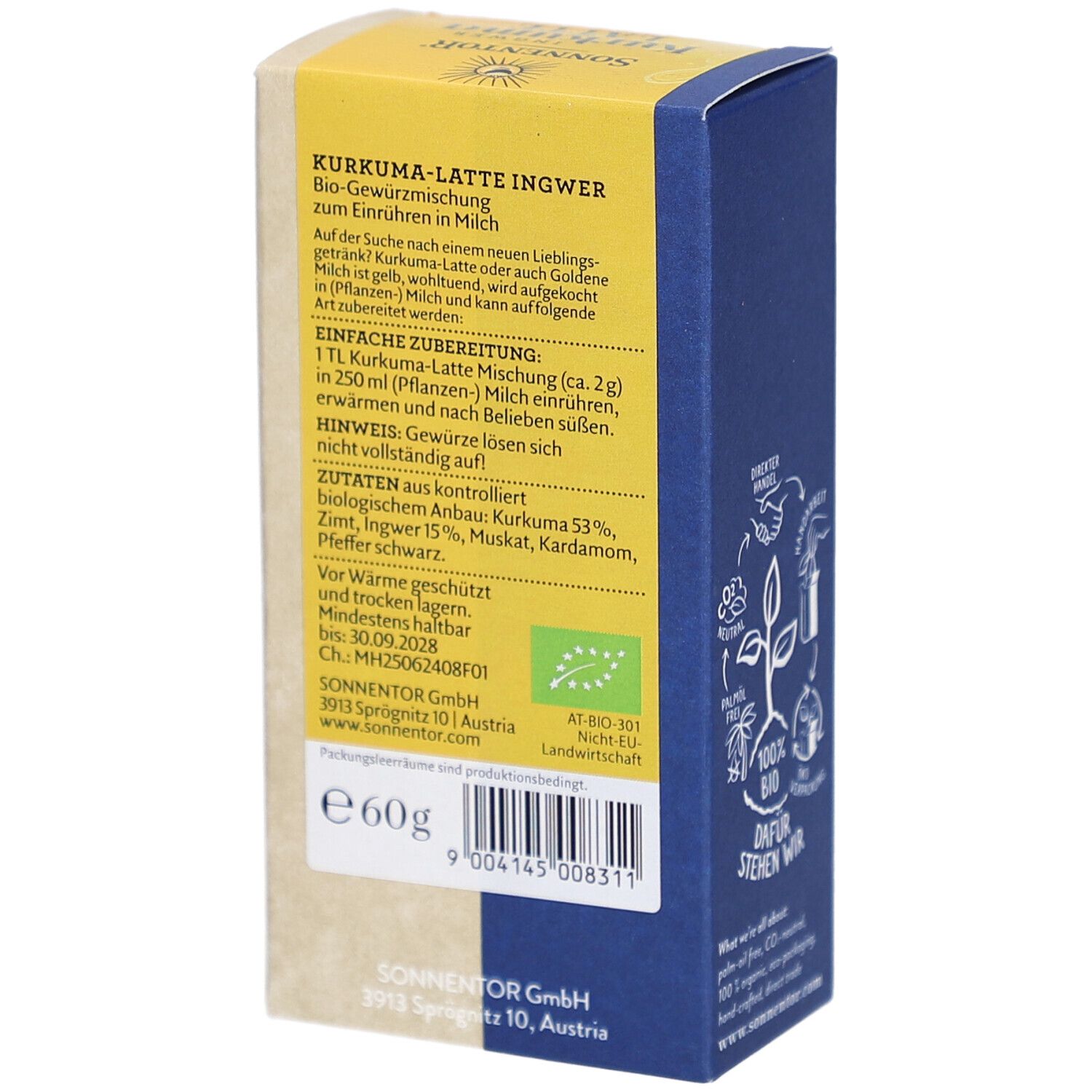 Retro della confezione in cartone. Testo sulla preparazione e gli ingredienti. Sigillo biologico. Informazioni sul produttore e la durata.