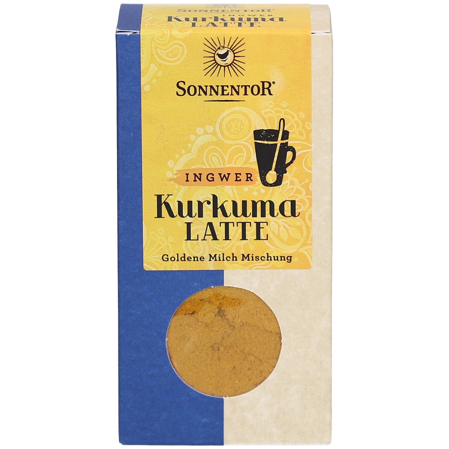Confezione in cartone Sonnentor. Scritta: Ingwer Kurkuma Latte, miscela di latte dorato. Finestra con contenuto visibile.