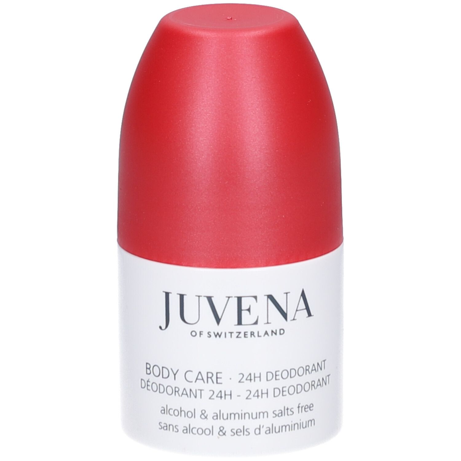 Roll-on deodorante con tappo rosso. Etichetta bianca con testo: Juvena, Body Care, 24h Deodorant.