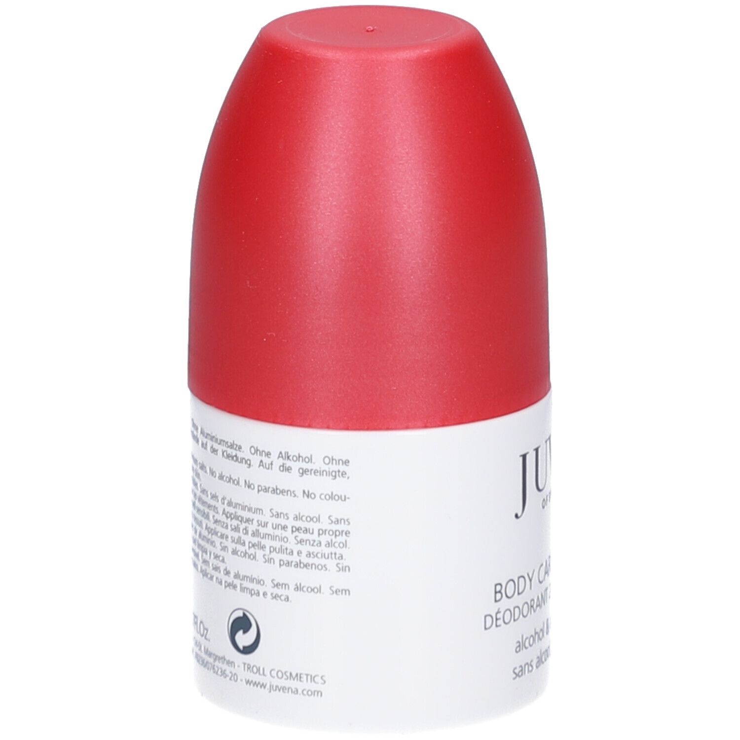 Roll-on deodorante con tappo rosso. Testo sull'etichetta: Juvena, Body Care, 24h Deodorant.