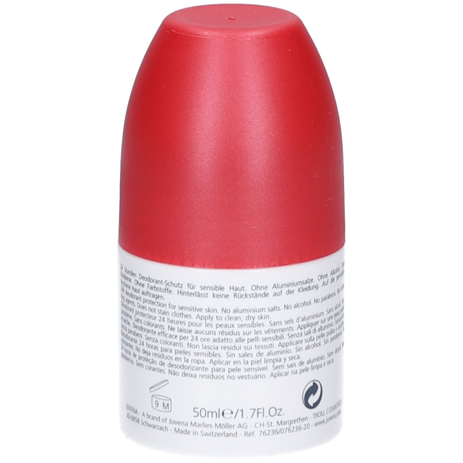 Roll-on deodorante con tappo rosso. Testo sull'etichetta: Juvena, Body Care, 24h Deodorant.