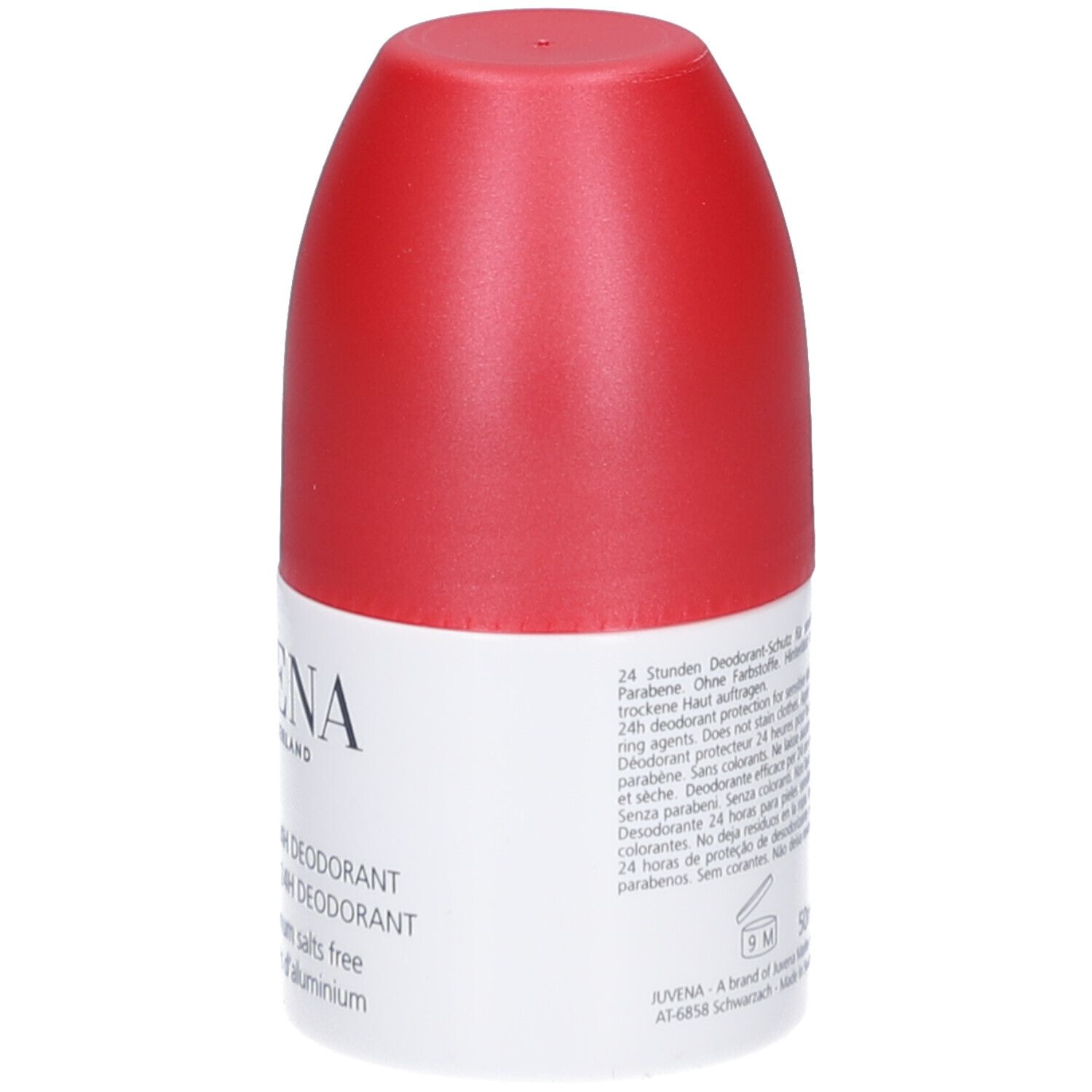 Roll-on deodorante con tappo rosso. Testo sull'etichetta: Juvena, Body Care, 24h Deodorant.