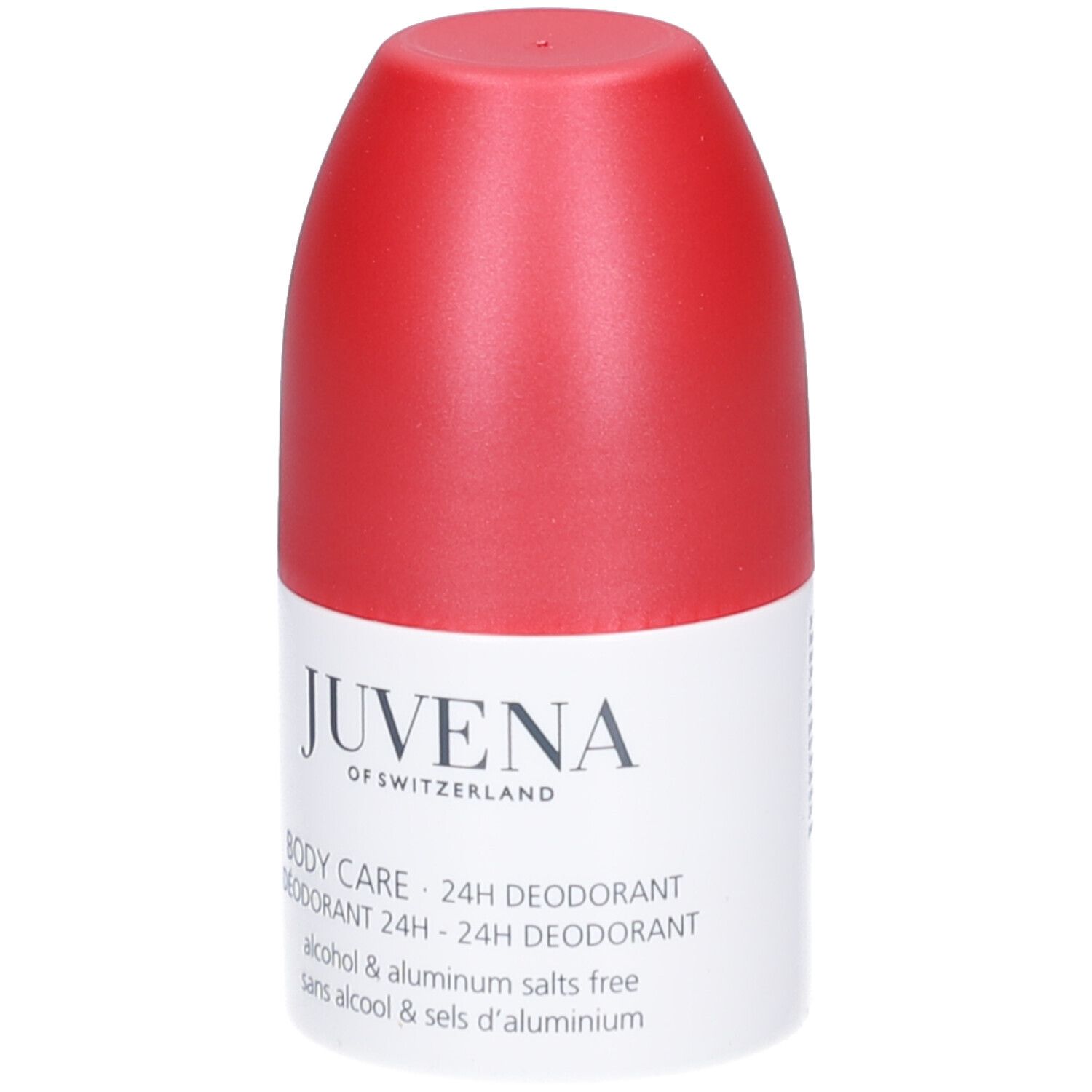 Roll-on deodorante con tappo rosso. Testo sull'etichetta: Juvena, Body Care, 24h Deodorant.