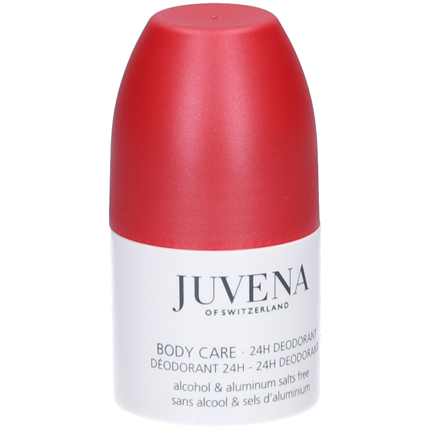 Roll-on deodorante e confezione. Tappo rosso, etichetta bianca. Juvena, Body Care, 24h Deodorant.