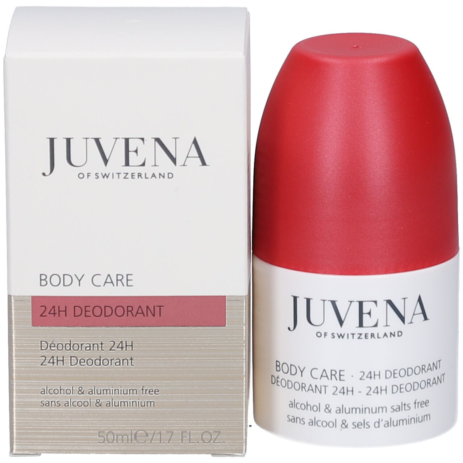 Confezione con testo: Juvena, Body Care, 24h Deodorant. Bianco con accenti rosa. 50ml.