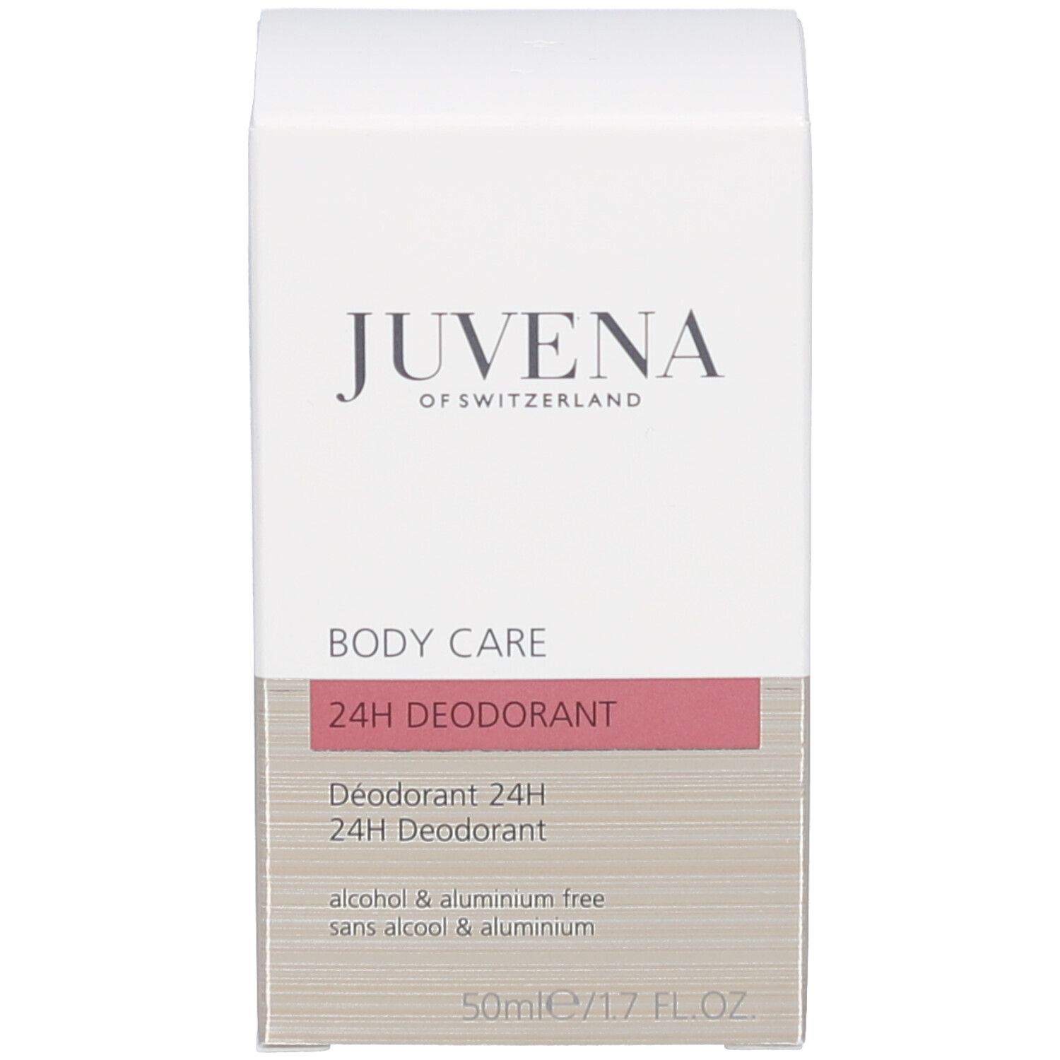 Roll-on deodorante con tappo rosso. Etichetta bianca con testo: Juvena, Body Care, 24h Deodorant.