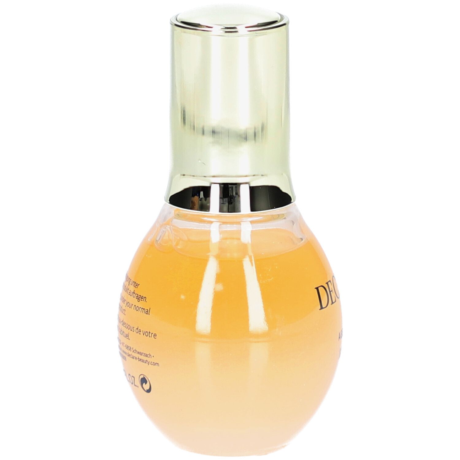 Siero Declaré Age Control Multi Lift. Retro del flacone con testo. Liquido giallo-arancio.