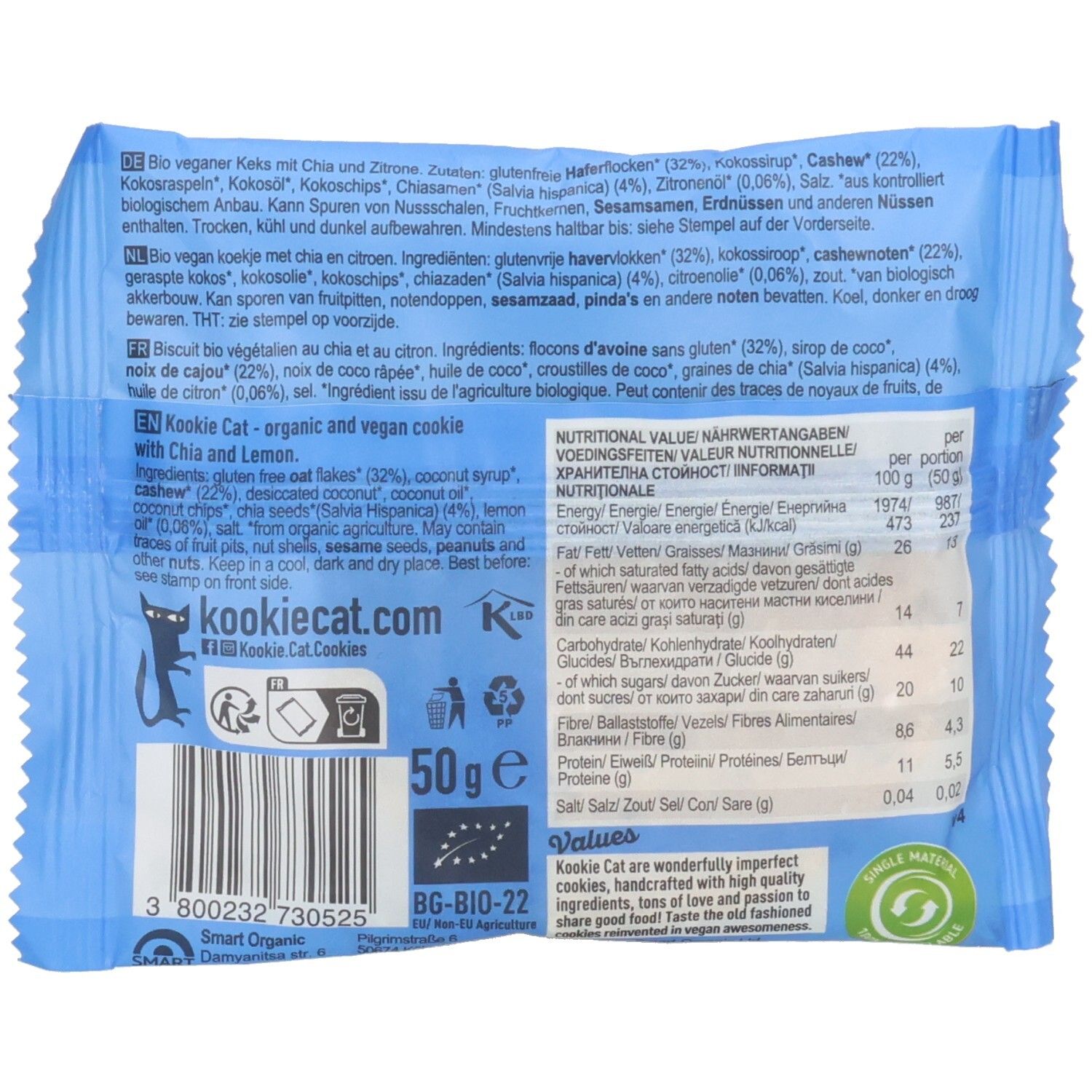 Retro della confezione del biscotto. Testo multilingue. Informazioni nutrizionali. Logo Kookie Cat. Certificazione bio. 50g.