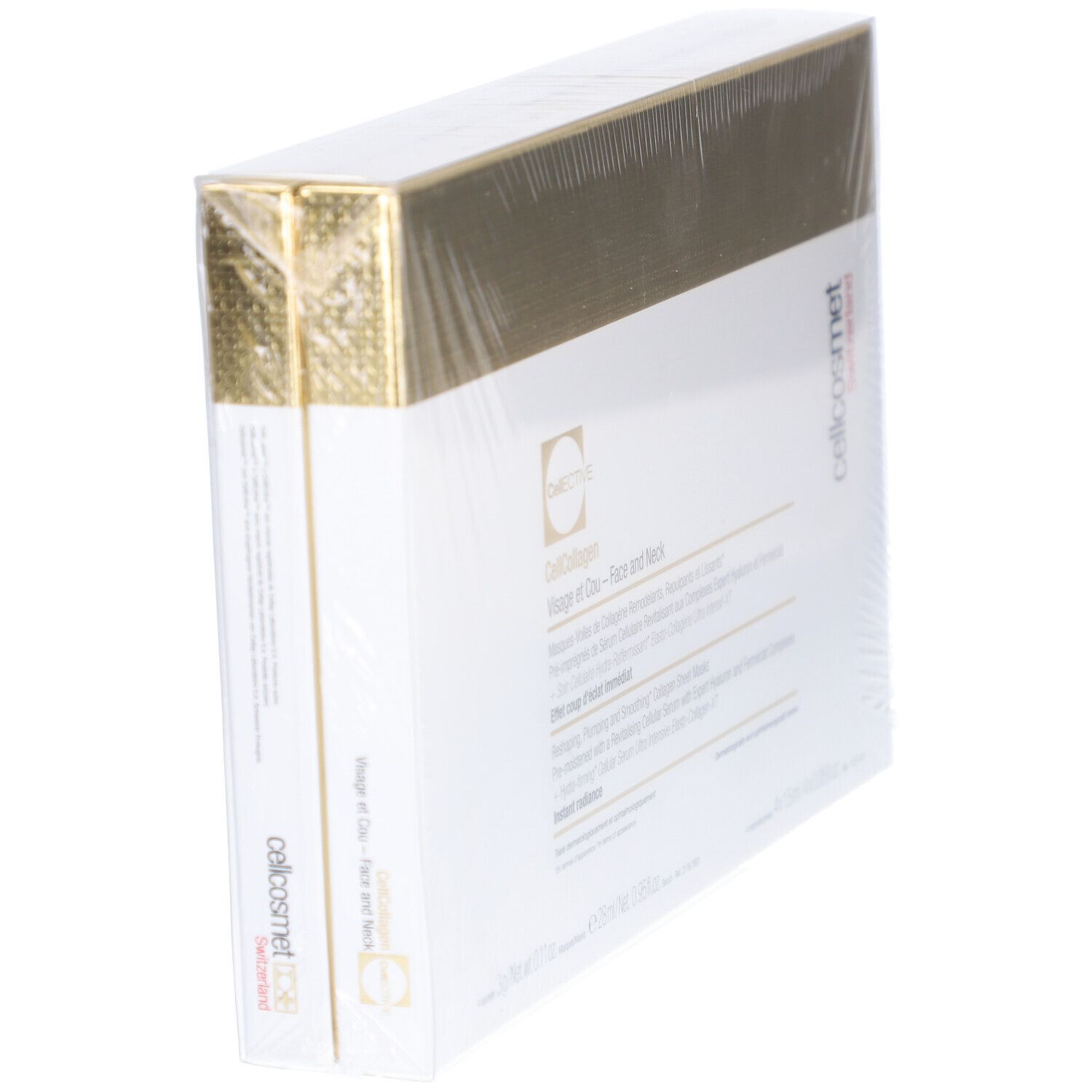 Confezione Cellcosmet CellEctive Face and Neck Mask, angolata. Scatola bianca con coperchio dorato. Marchio e nome del prodotto visibili.