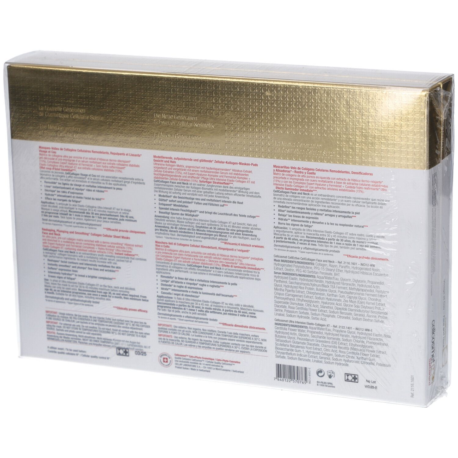 Retro della confezione Cellcosmet CellEctive Face and Neck Mask. Testo multilingue. Marchio e nome del prodotto visibili.