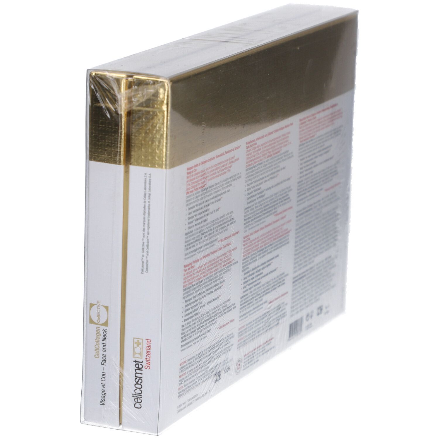 Lato della confezione Cellcosmet CellEctive Face and Neck Mask. Testo multilingue. Marchio e nome del prodotto visibili.